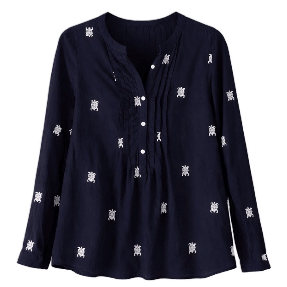 LOFT Dark Blue Blouse with White Embroidery